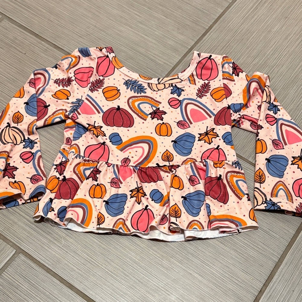 Colorful Autumn Patterned Long Sleeve Top with flare out ruffles